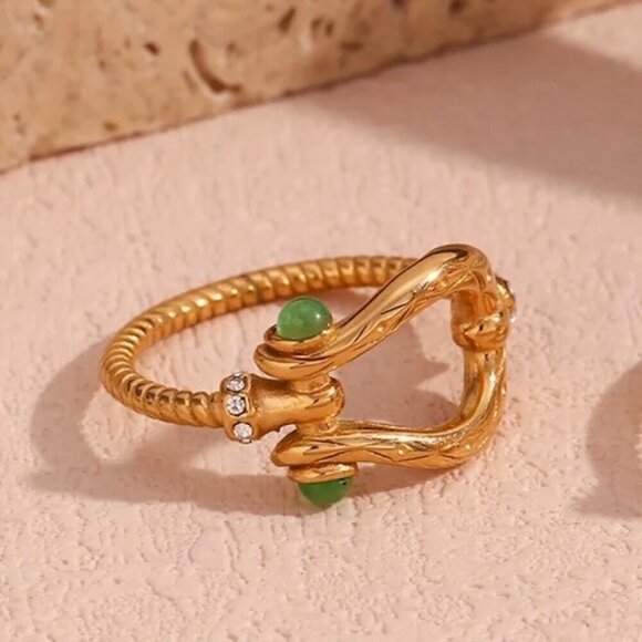 NWT Buckle Ring  Sz.8 18K Gold Plated Green Zircon CZ Detail Boho Western - Picture 1 of 10